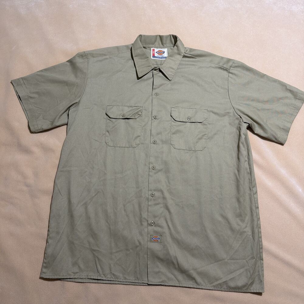 Dickies Work Shirt Mens 2XL Short Sleeve Tan Industrial Uniform Pockets Logo